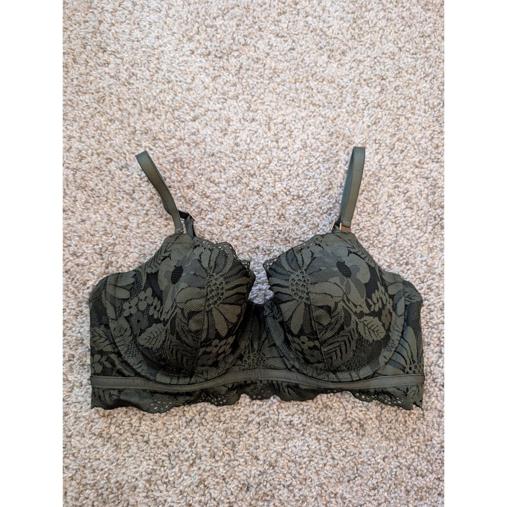 Aerie Real Power Balconette Bra 34D Olive Green Floral Lace Longline Underwire